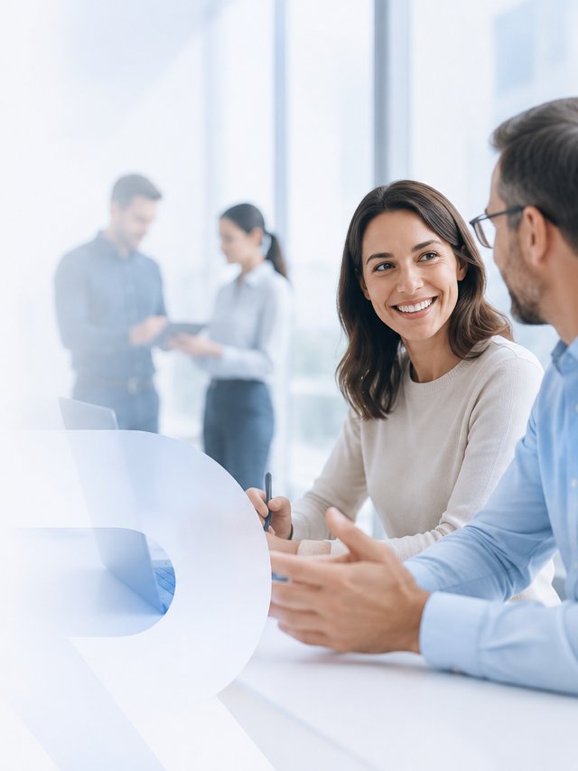 Two colleagues talking across a desk in a bright office